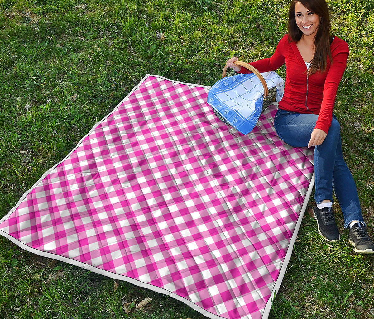 Magenta Pink And White Gingham Print Quilt