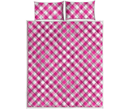 Magenta Pink And White Gingham Print Quilt Bed Set