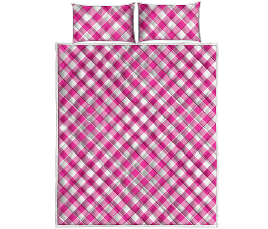 Magenta Pink And White Gingham Print Quilt Bed Set