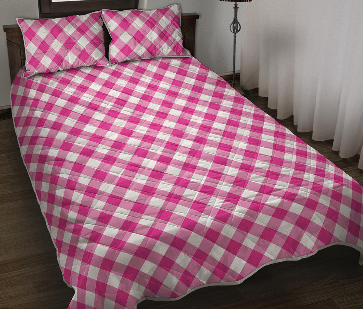 Magenta Pink And White Gingham Print Quilt Bed Set