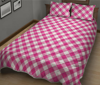 Magenta Pink And White Gingham Print Quilt Bed Set