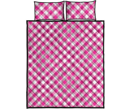 Magenta Pink And White Gingham Print Quilt Bed Set