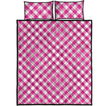 Magenta Pink And White Gingham Print Quilt Bed Set