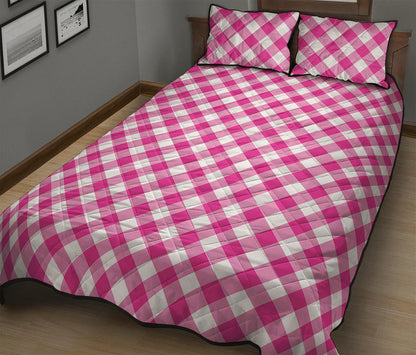 Magenta Pink And White Gingham Print Quilt Bed Set