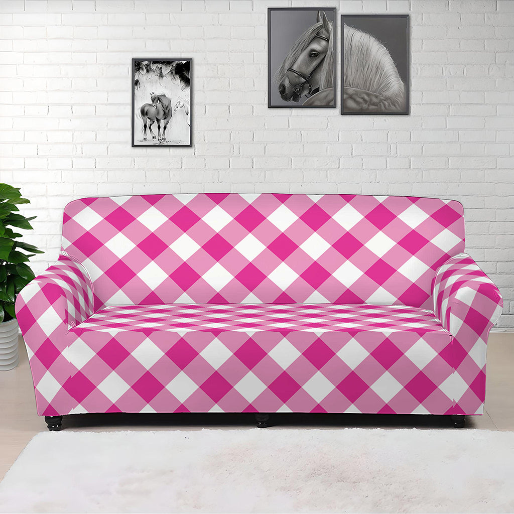 Magenta Pink And White Gingham Print Sofa Cover