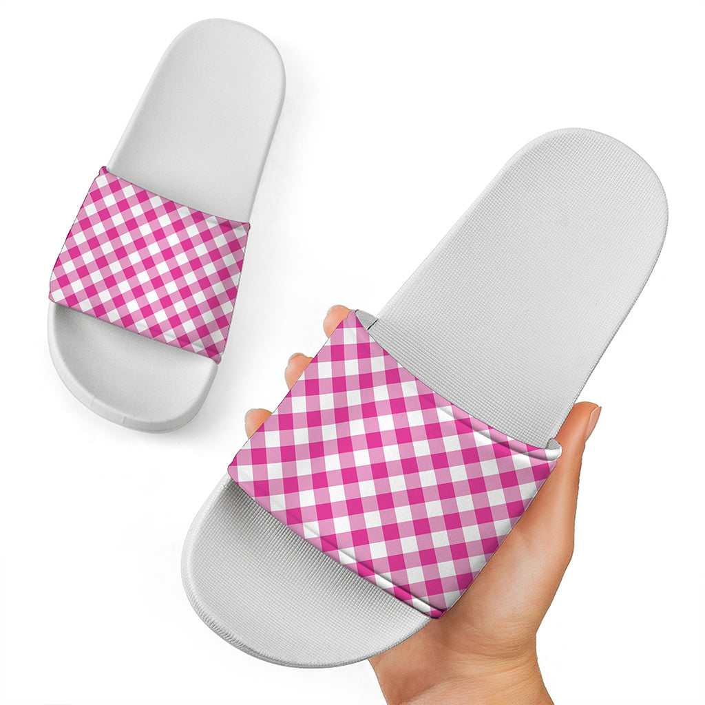 Magenta Pink And White Gingham Print White Slide Sandals