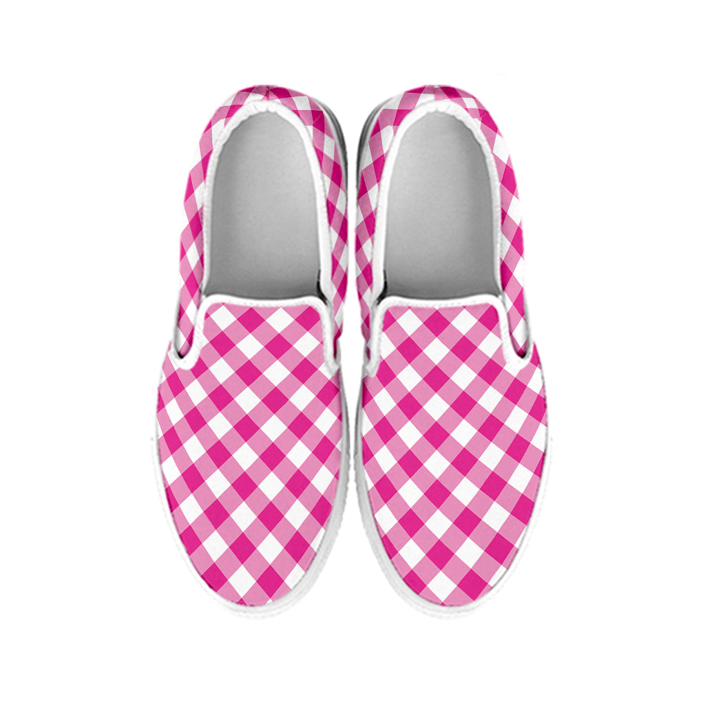 Magenta Pink And White Gingham Print White Slip On Shoes