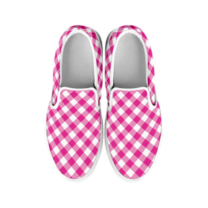 Magenta Pink And White Gingham Print White Slip On Shoes