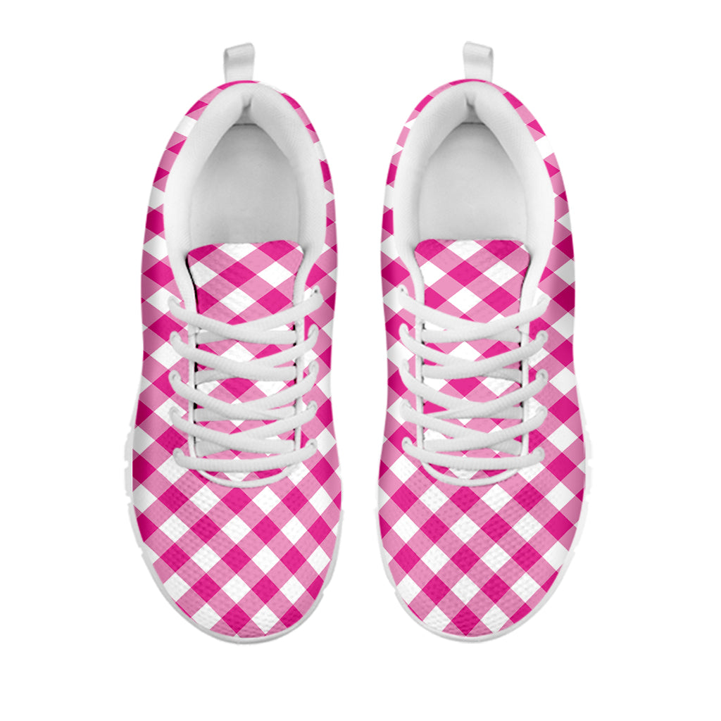 Magenta Pink And White Gingham Print White Sneakers
