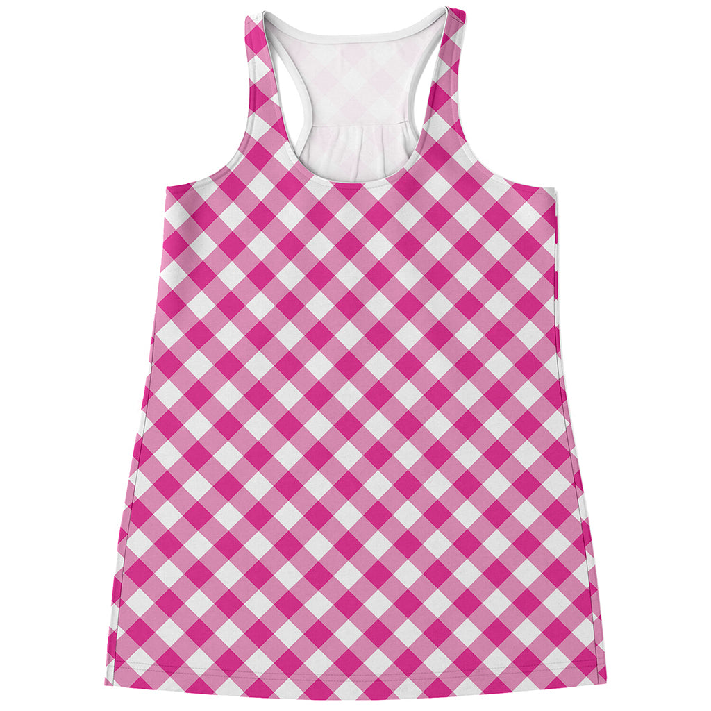 Magenta Pink And White Gingham Print Women's Racerback Tank Top