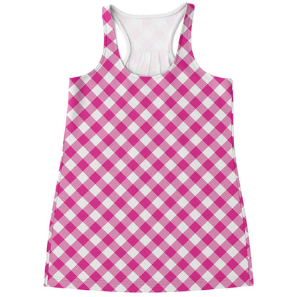 Magenta Pink And White Gingham Print Women's Racerback Tank Top