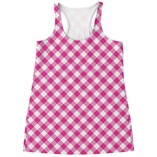 Magenta Pink And White Gingham Print Women's Racerback Tank Top