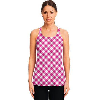 Magenta Pink And White Gingham Print Women's Racerback Tank Top