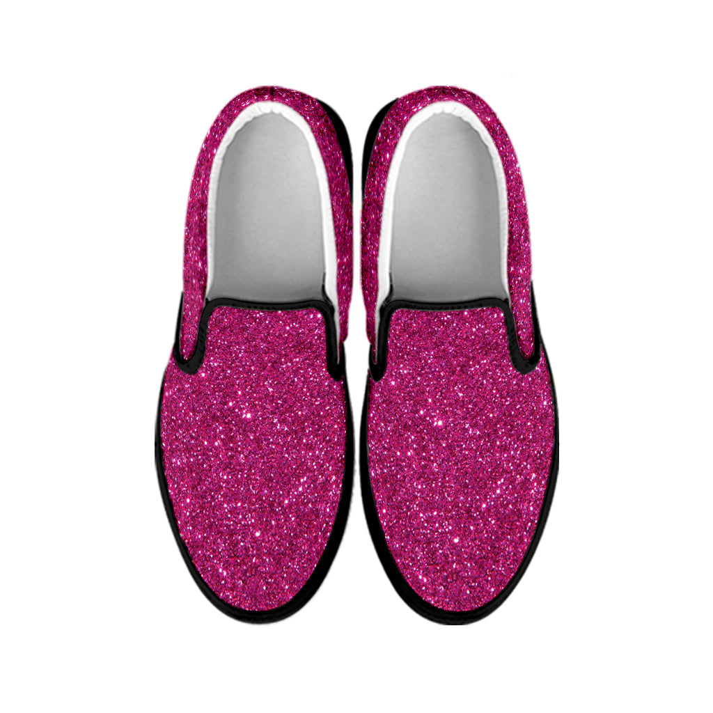 Magenta Pink Glitter Texture Print Black Slip On Shoes