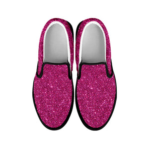 Magenta Pink Glitter Texture Print Black Slip On Shoes