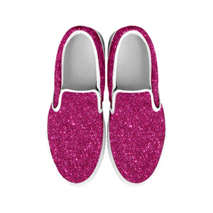 Magenta Pink Glitter Texture Print White Slip On Shoes