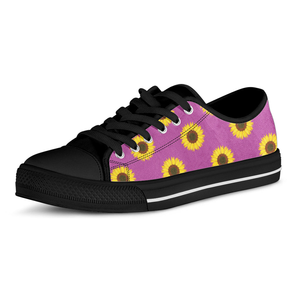 Magenta Pink Sunflower Pattern Print Black Low Top Shoes