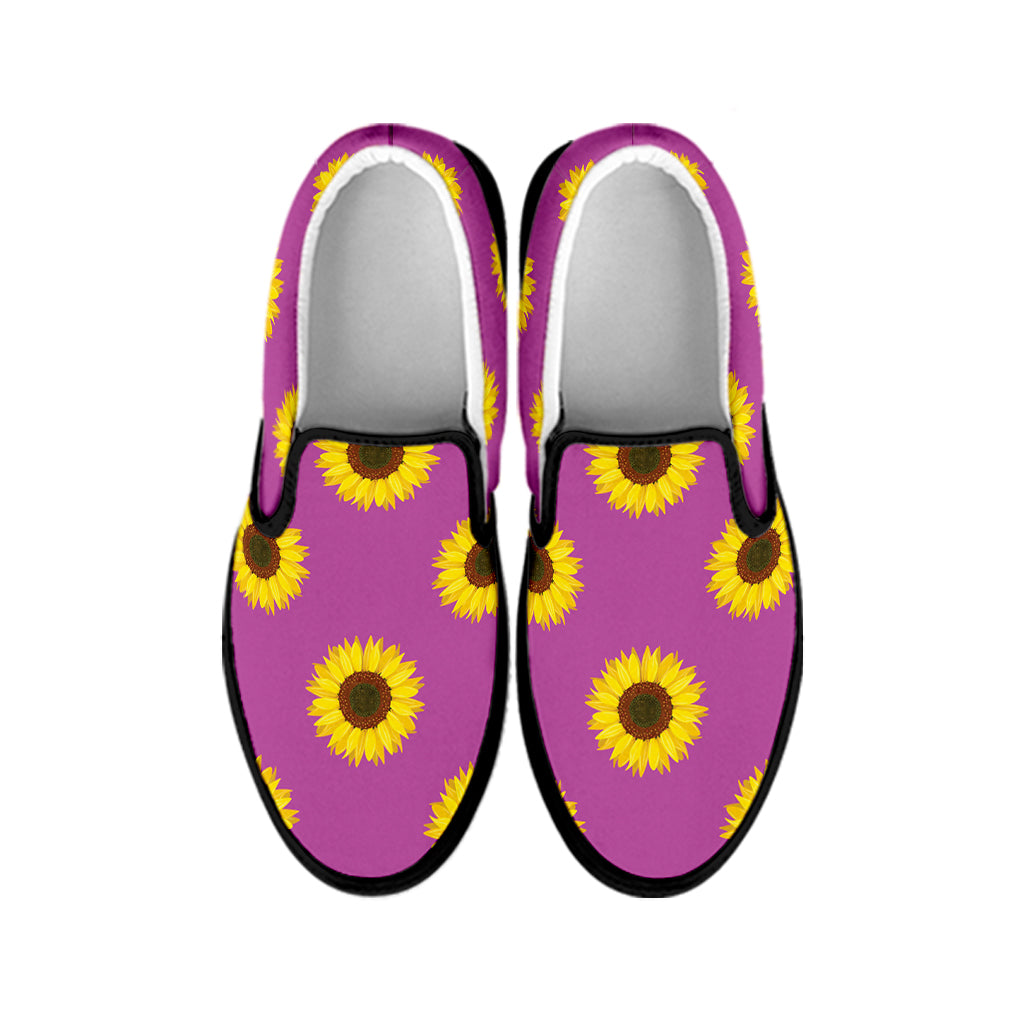 Magenta Pink Sunflower Pattern Print Black Slip On Shoes