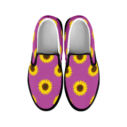 Magenta Pink Sunflower Pattern Print Black Slip On Shoes