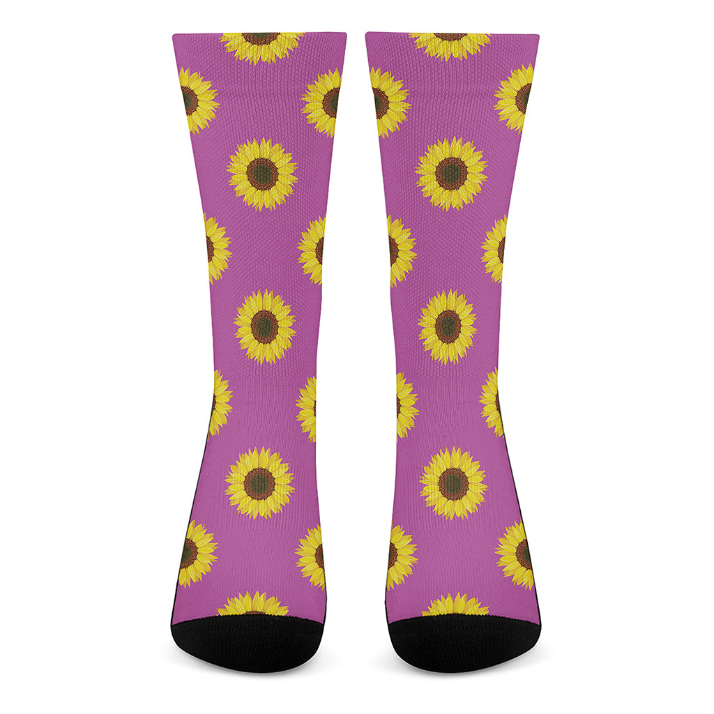 Magenta Pink Sunflower Pattern Print Crew Socks