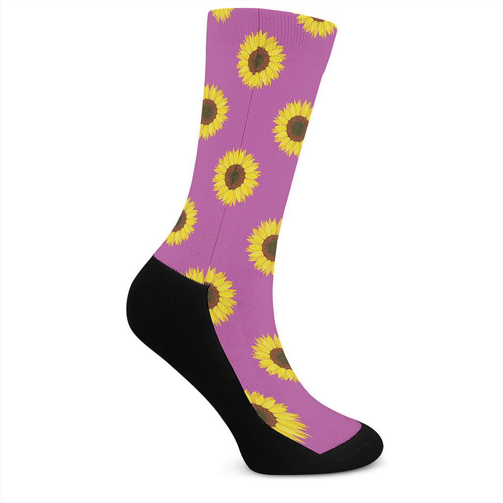 Magenta Pink Sunflower Pattern Print Crew Socks