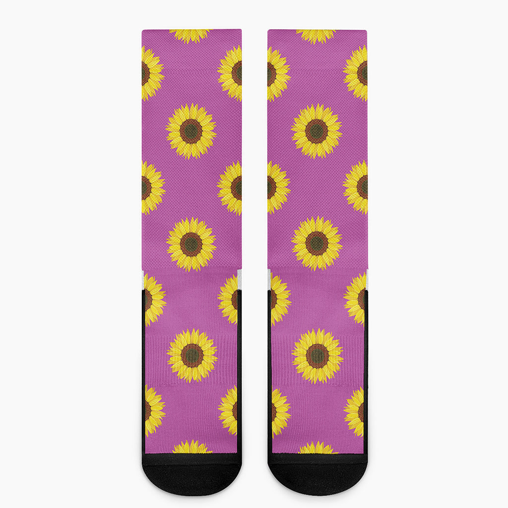 Magenta Pink Sunflower Pattern Print Crew Socks