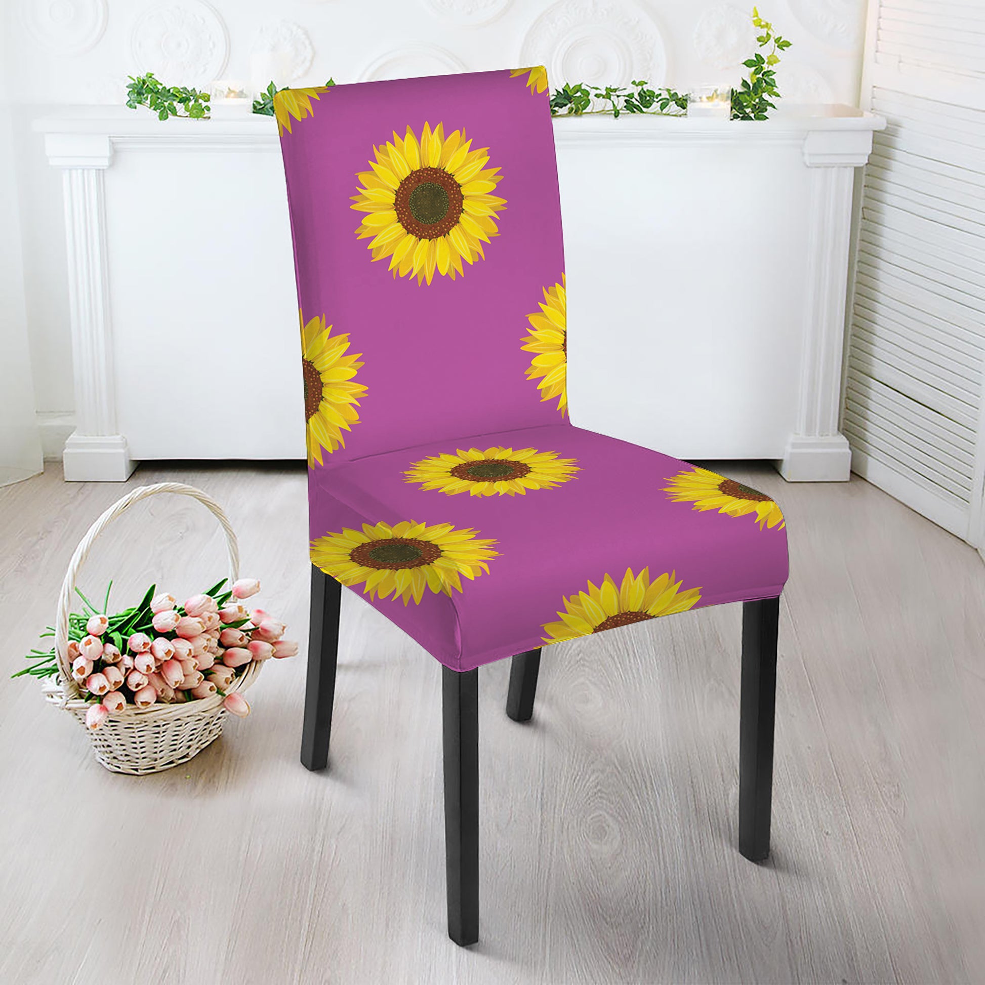 Magenta Pink Sunflower Pattern Print Dining Chair Slipcover