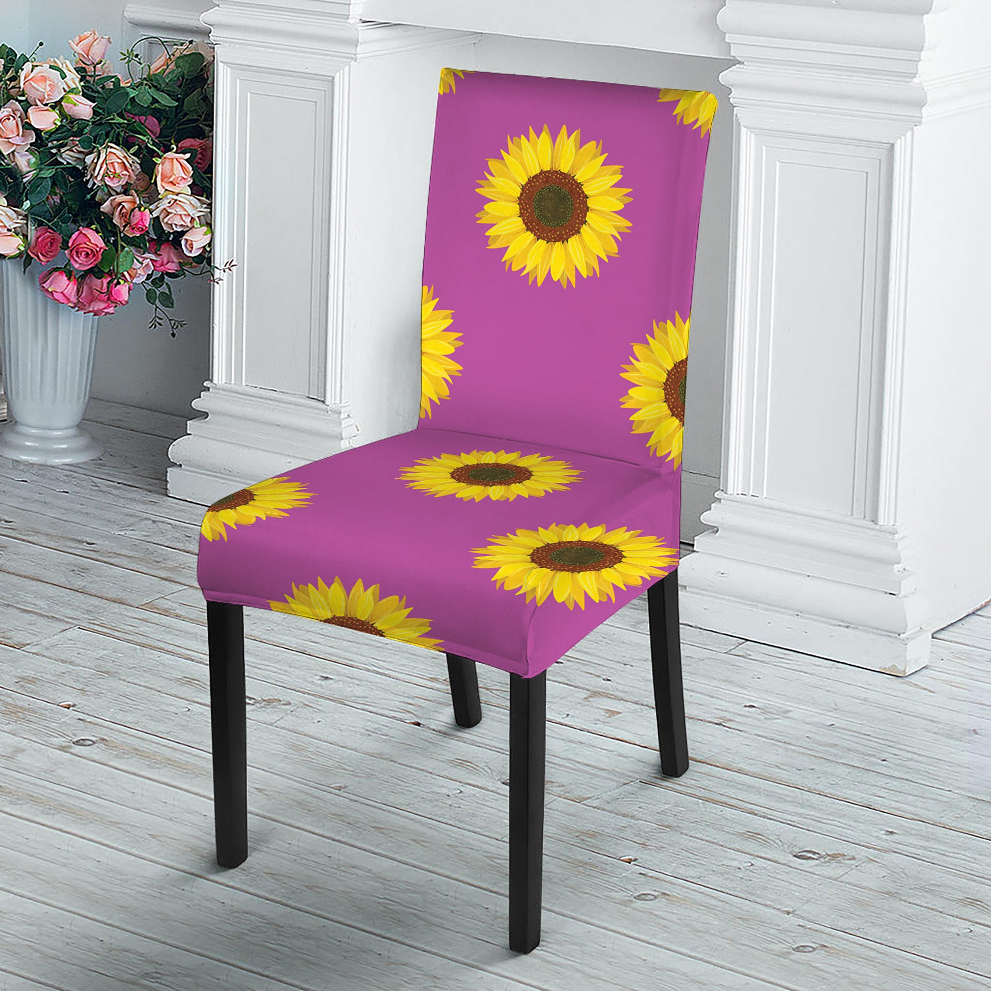 Magenta Pink Sunflower Pattern Print Dining Chair Slipcover