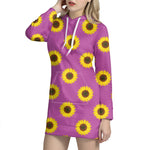 Magenta Pink Sunflower Pattern Print Hoodie Dress