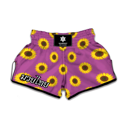 Magenta Pink Sunflower Pattern Print Muay Thai Boxing Shorts