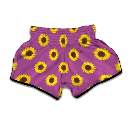 Magenta Pink Sunflower Pattern Print Muay Thai Boxing Shorts