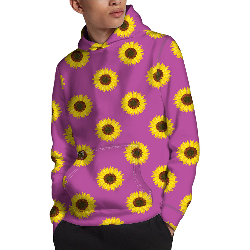 Magenta Pink Sunflower Pattern Print Pullover Hoodie
