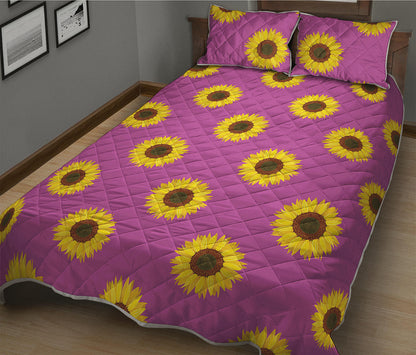 Magenta Pink Sunflower Pattern Print Quilt Bed Set
