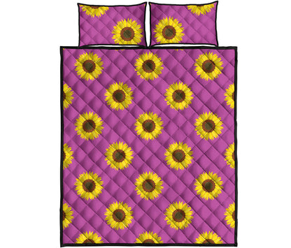 Magenta Pink Sunflower Pattern Print Quilt Bed Set