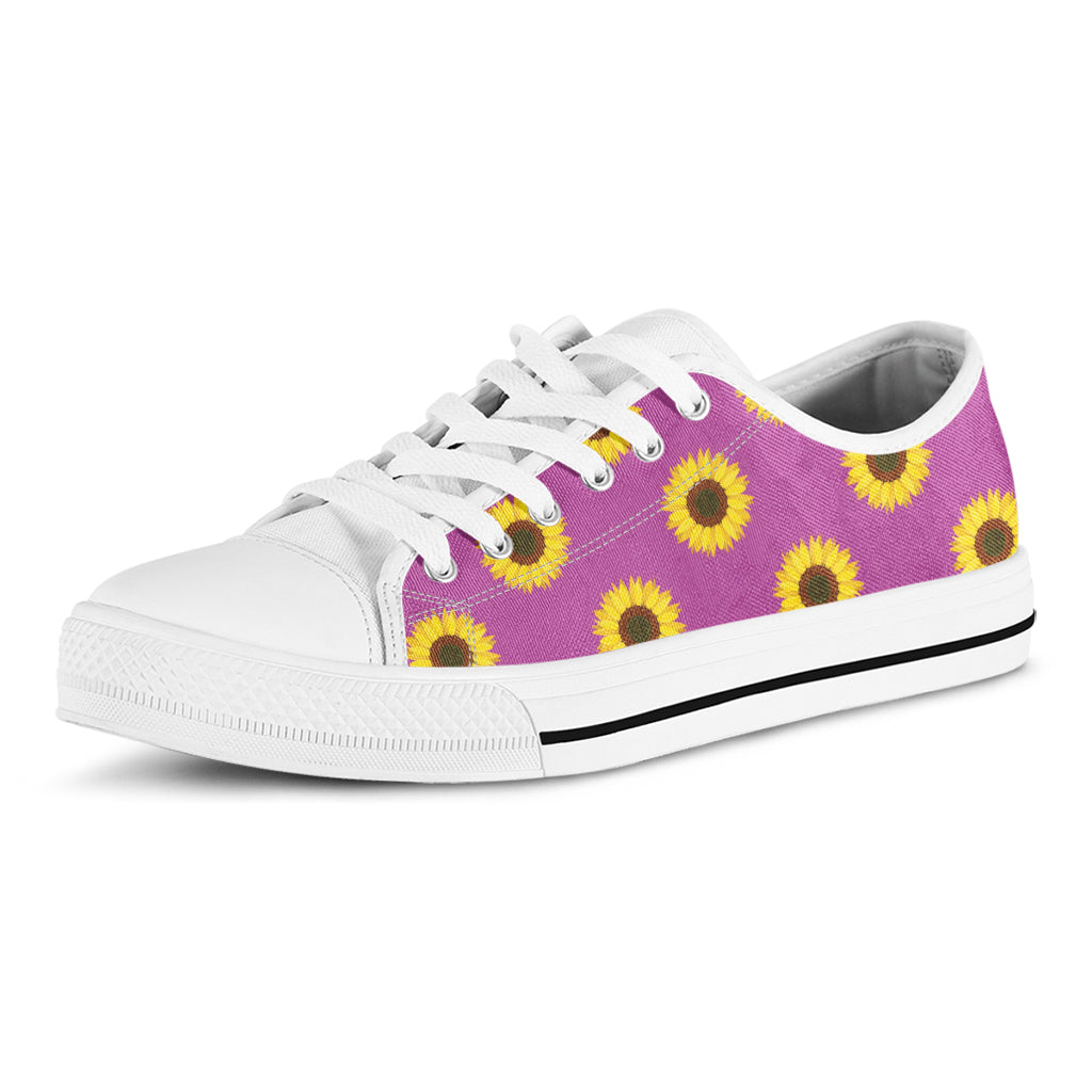 Magenta Pink Sunflower Pattern Print White Low Top Shoes