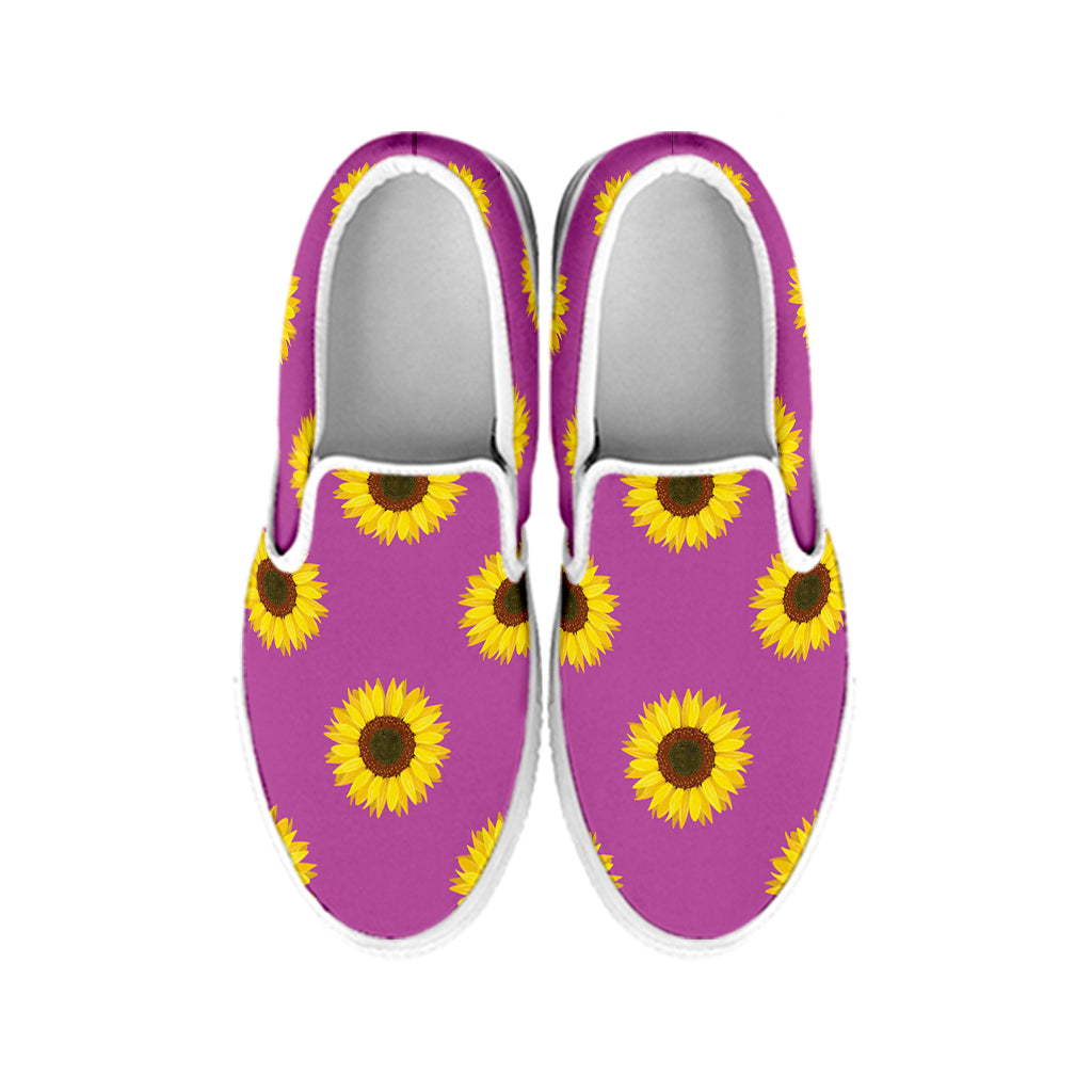 Magenta Pink Sunflower Pattern Print White Slip On Shoes