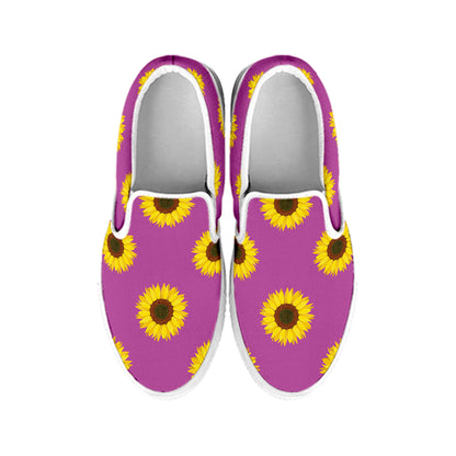 Magenta Pink Sunflower Pattern Print White Slip On Shoes