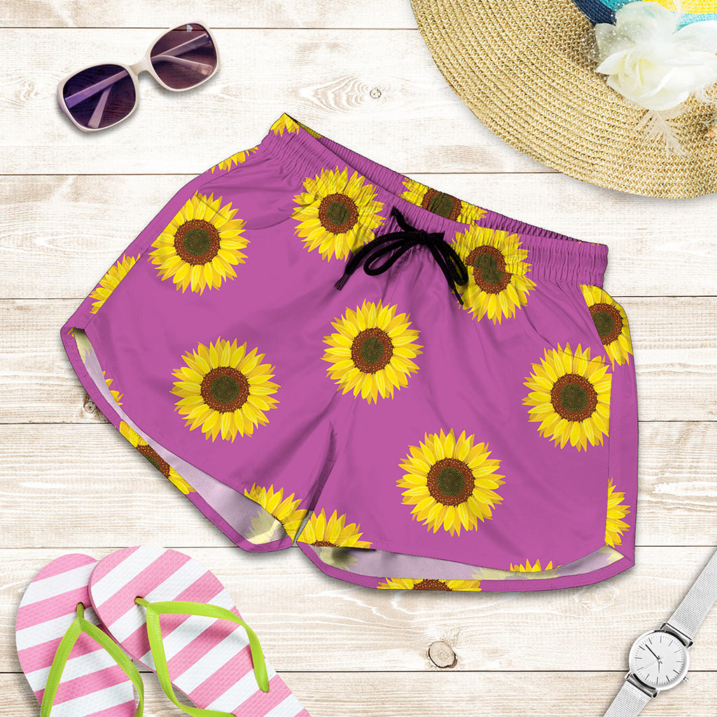 Magenta Pink Sunflower Pattern Print Women's Shorts