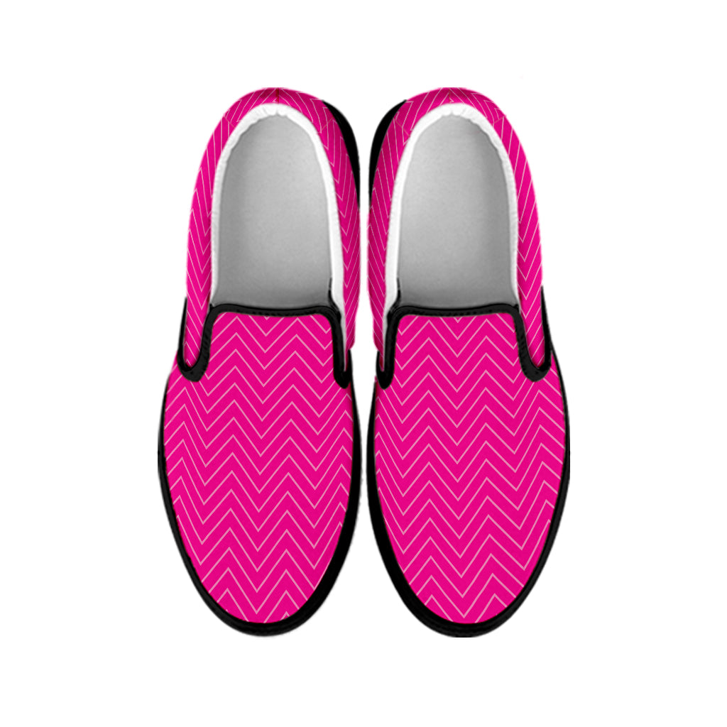 Magenta Pink Zigzag Pattern Print Black Slip On Shoes