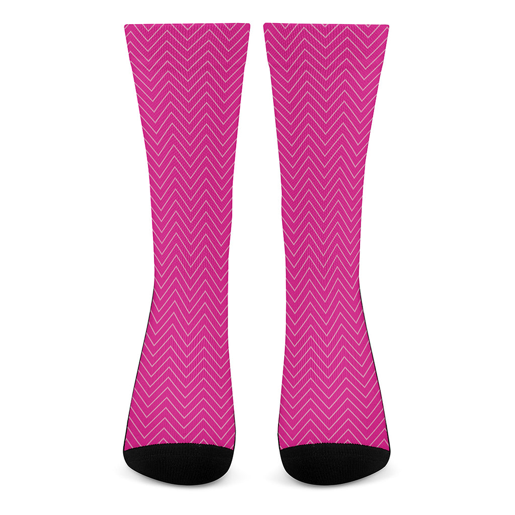 Magenta Pink Zigzag Pattern Print Crew Socks