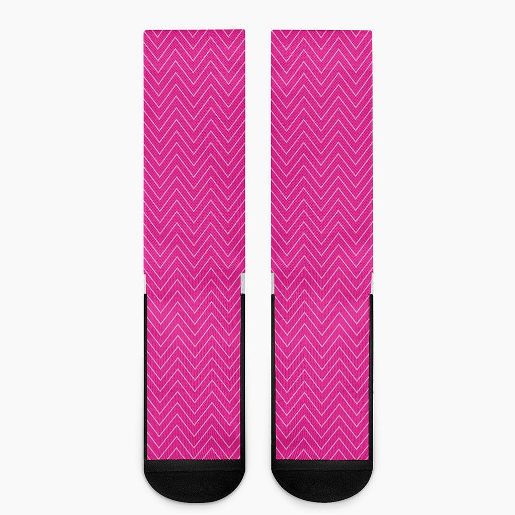 Magenta Pink Zigzag Pattern Print Crew Socks