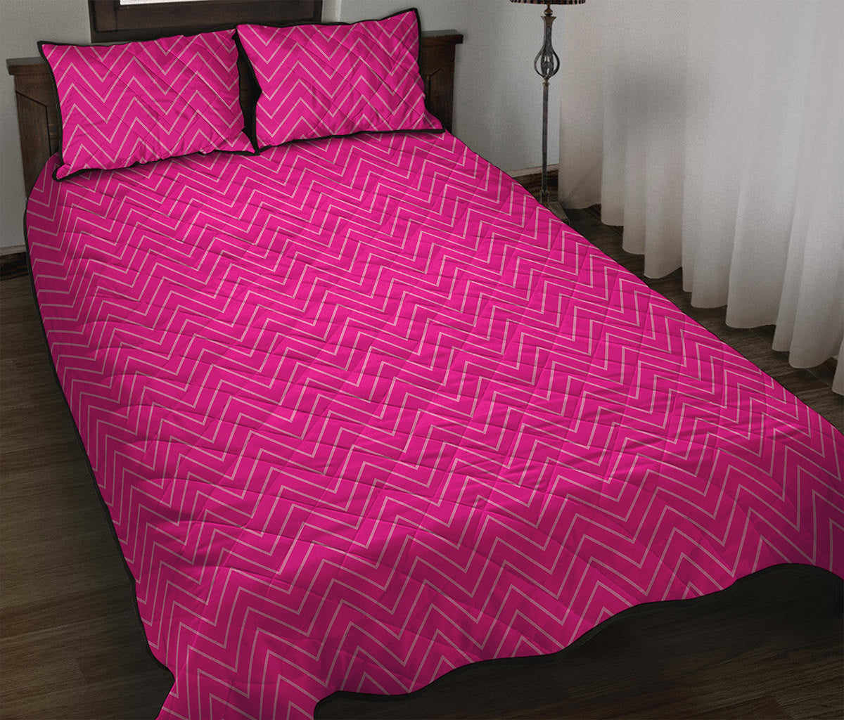 Magenta Pink Zigzag Pattern Print Quilt Bed Set
