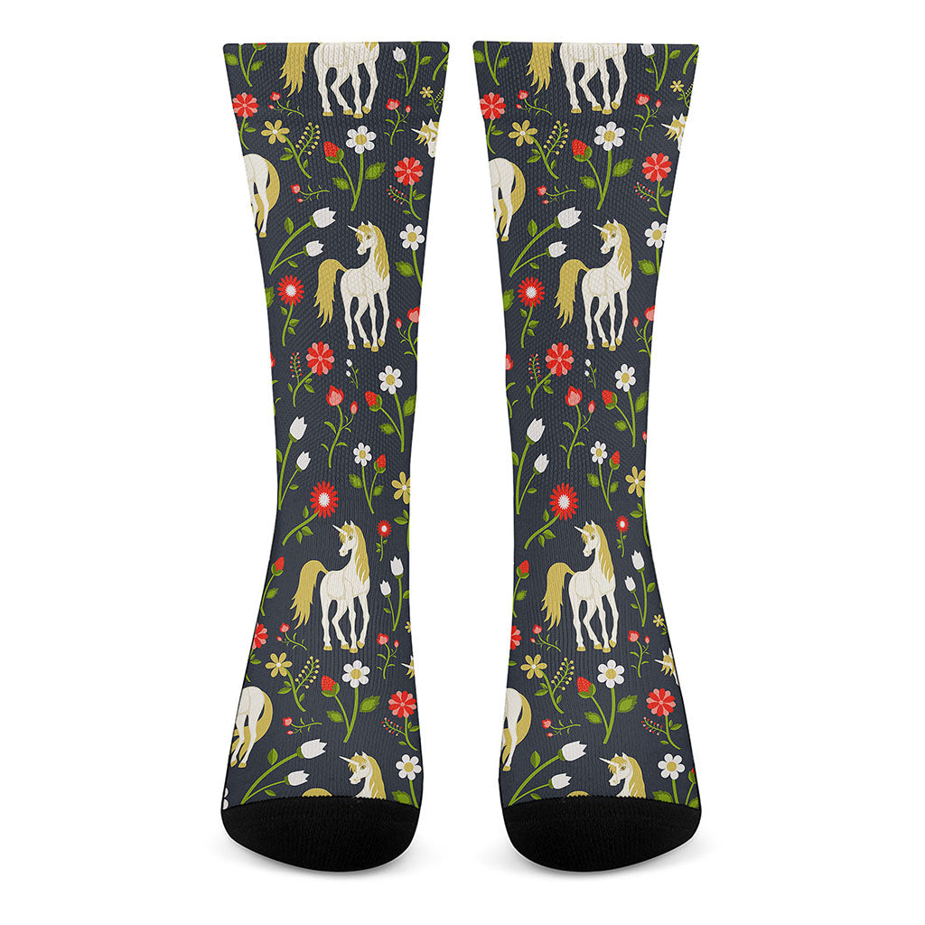 Magic Floral Unicorn Pattern Print Crew Socks