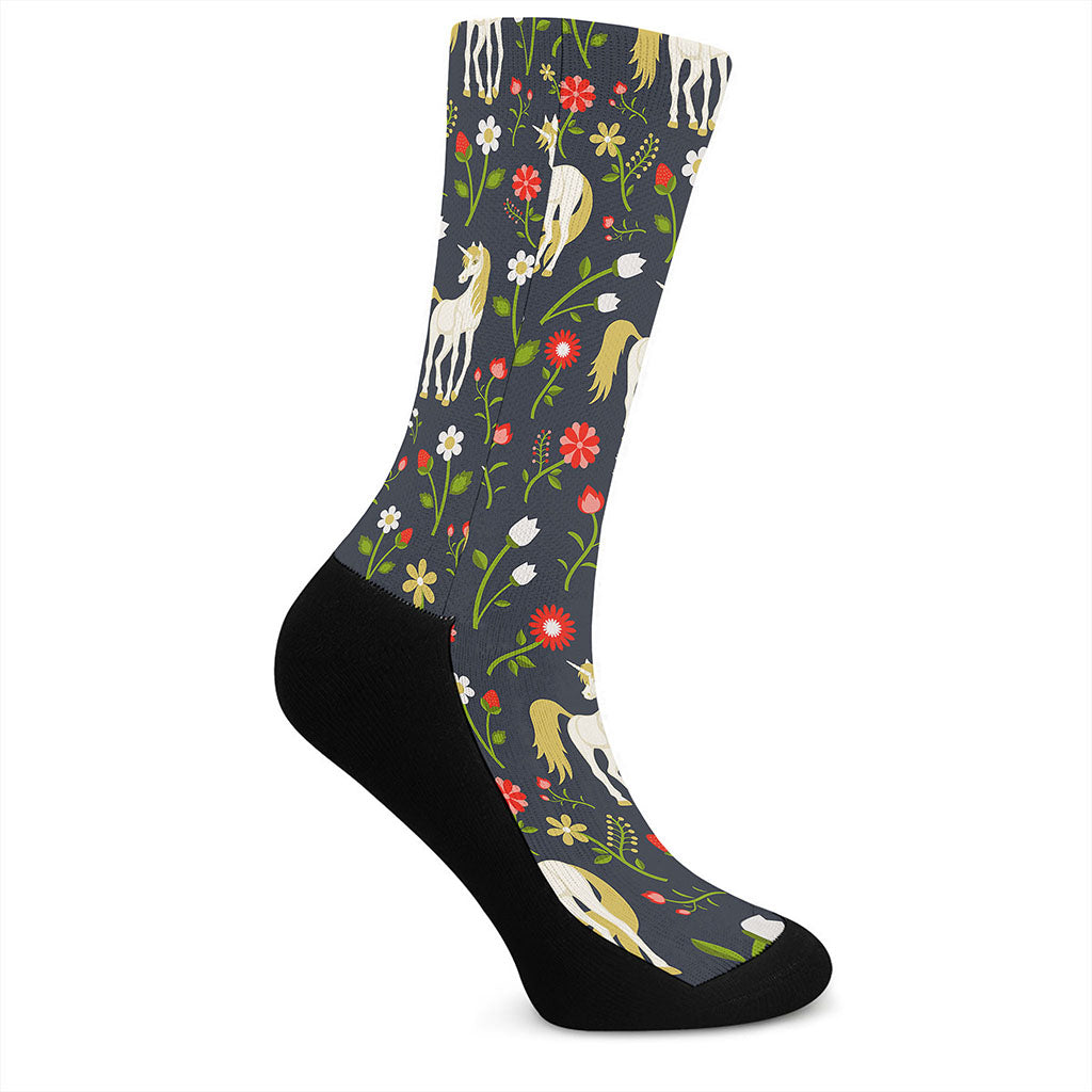 Magic Floral Unicorn Pattern Print Crew Socks