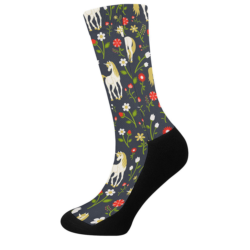 Magic Floral Unicorn Pattern Print Crew Socks