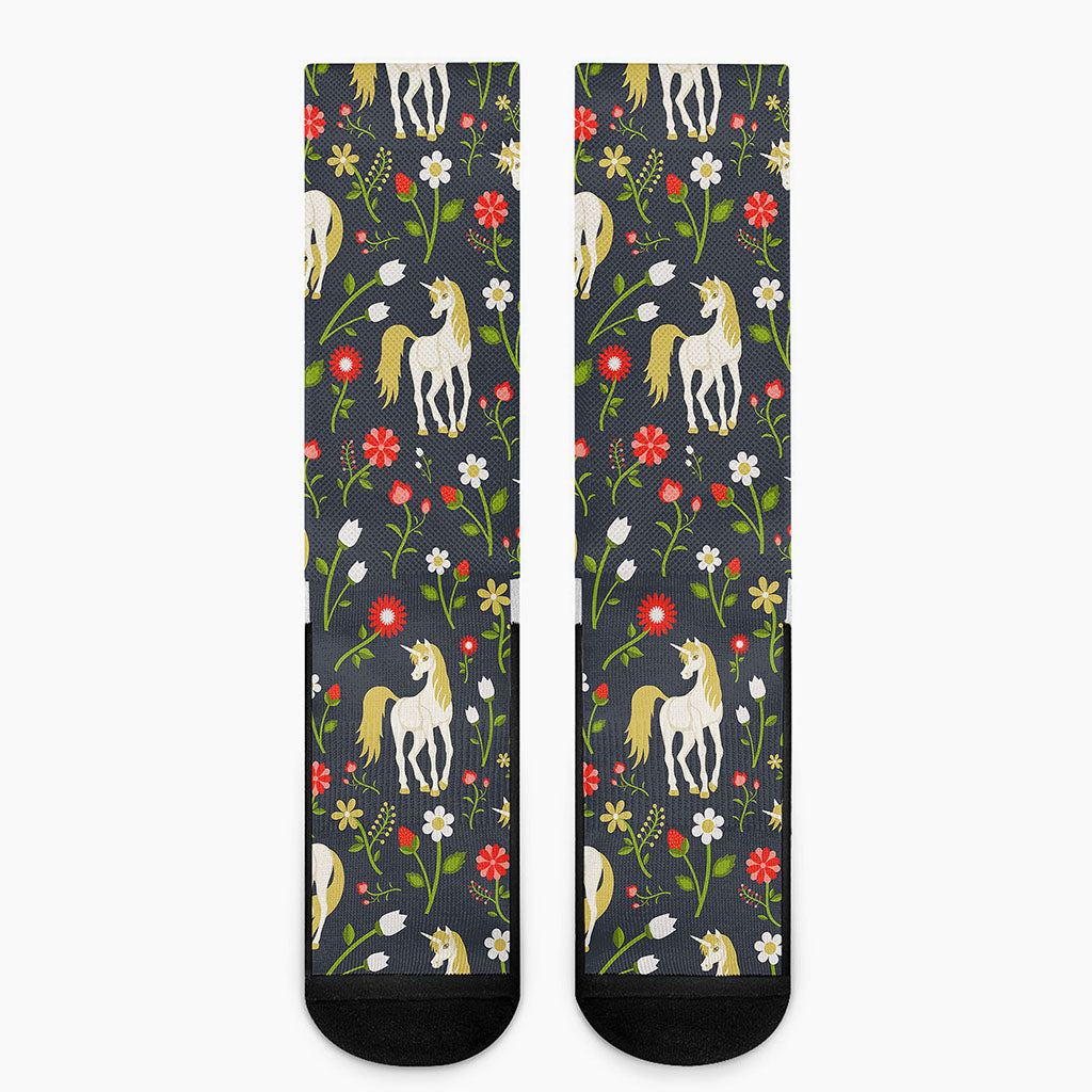 Magic Floral Unicorn Pattern Print Crew Socks