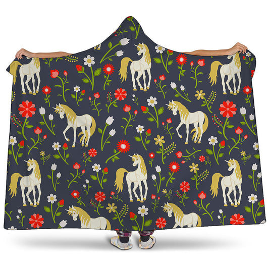 Magic Floral Unicorn Pattern Print Hooded Blanket