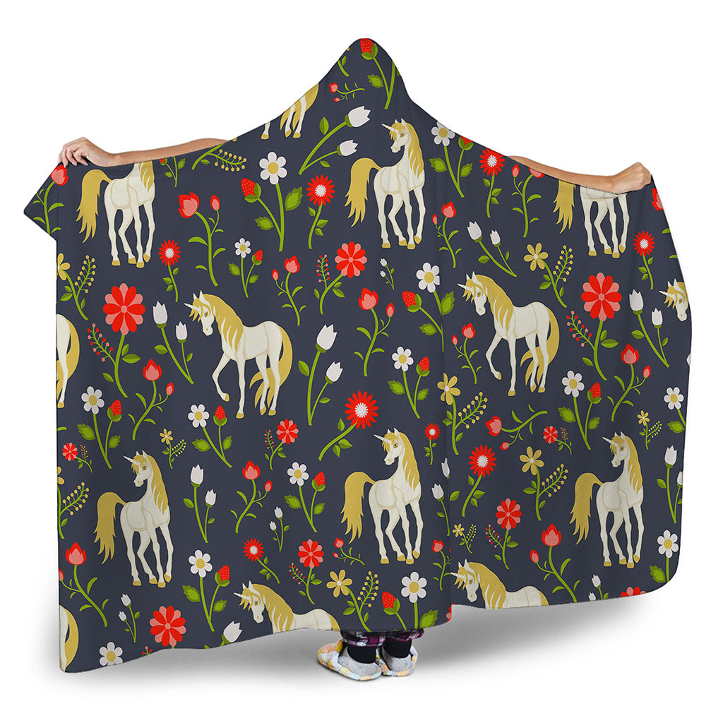 Magic Floral Unicorn Pattern Print Hooded Blanket