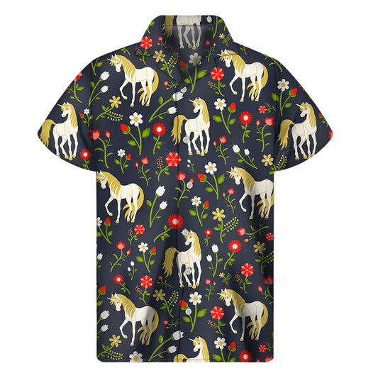 Magic Floral Unicorn Pattern Print Men's Short Sleeve Shirt