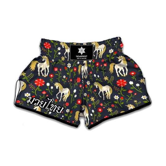 Magic Floral Unicorn Pattern Print Muay Thai Boxing Shorts